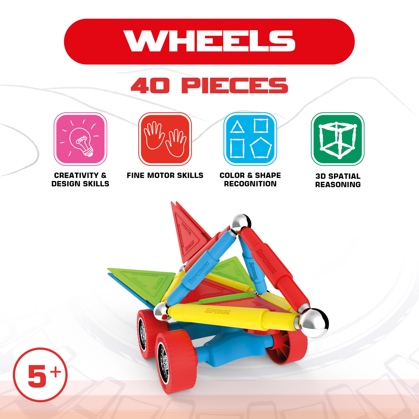 Tinamiri Supermag - Wheels 40 - Magnetic Building Set, Educational construction fun, 40 piece set, Magnet Toys, 0660