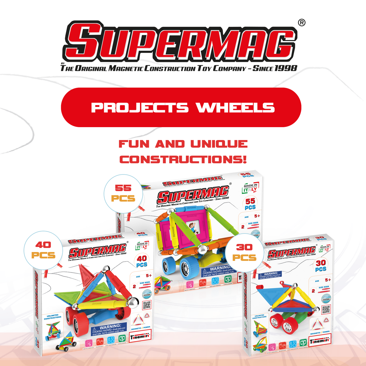 Tinamiri Supermag - Wheels 30 - Magnetic Building Set, Educational construction fun, 30 piece set, Magnet Toys, 0653