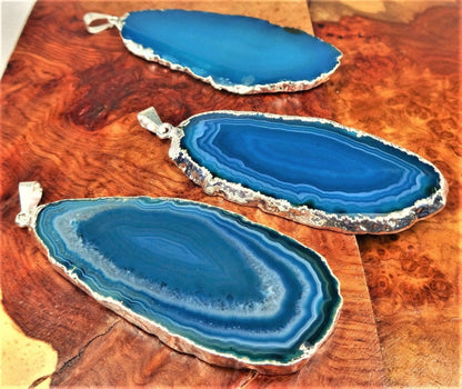 Agate Slice Pendant ( Teal / Silver Plated ) Necklace Jewelry Healing Crystals And Stones