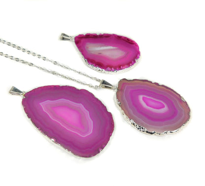 Pink Agate Slice Pendant (Silver Plated Edges) Polished Geode Slice Jewelry