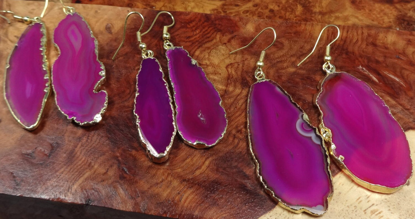 Pink Agate Slice Earrings - Polished Crystal Slab Earring Pair - Gold Hooks Jewelry