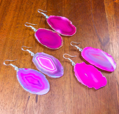 Pink Agate Slice Earrings Silver Hooks