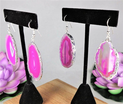 Pink Agate Slice Crystal Earrings Pair (Silver Plated) Jewelry