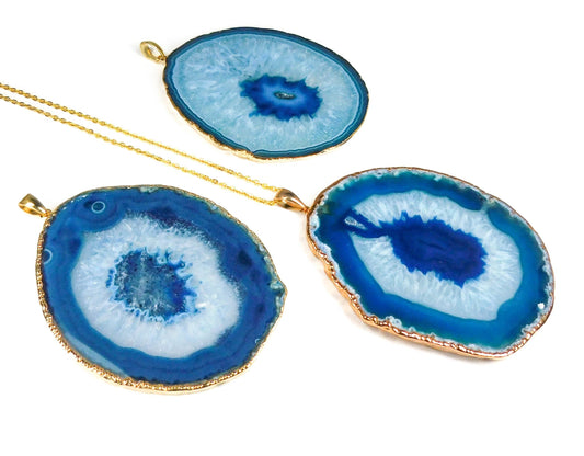 Blue Agate Slice Pendant Large (Gold Plated Edges)(3-4 Inches Long) Geode Necklace Charm Jewelry Supply