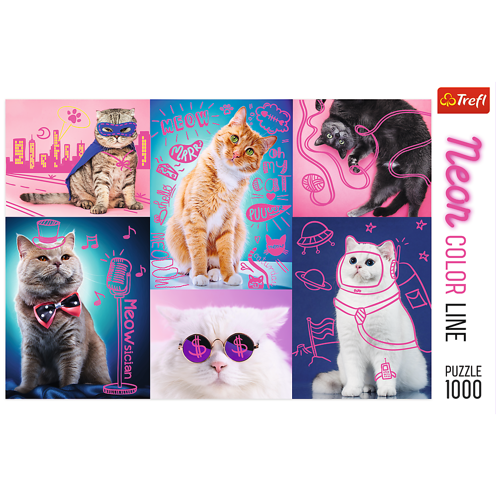 1000 Piece Jigsaw Puzzles, Super Cats, Neon Line, Adult Puzzles, Trefl 10581