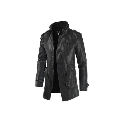 Men's Leather Belted Coat with Stand-Up Collar