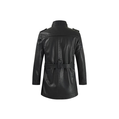 Men's Leather Belted Coat with Stand-Up Collar