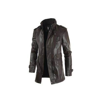 Men's Leather Belted Coat with Stand-Up Collar