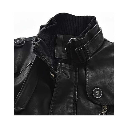 Men's Leather Belted Coat with Stand-Up Collar