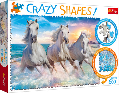 Crazy Shape 600 Piece Jigsaw Puzzles, Horses Gallop Among The Waves, Stallions, Beach, Adult Puzzles, Trefl 11111