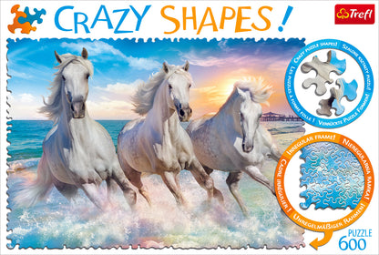 Crazy Shape 600 Piece Jigsaw Puzzles, Horses Gallop Among The Waves, Stallions, Beach, Adult Puzzles, Trefl 11111