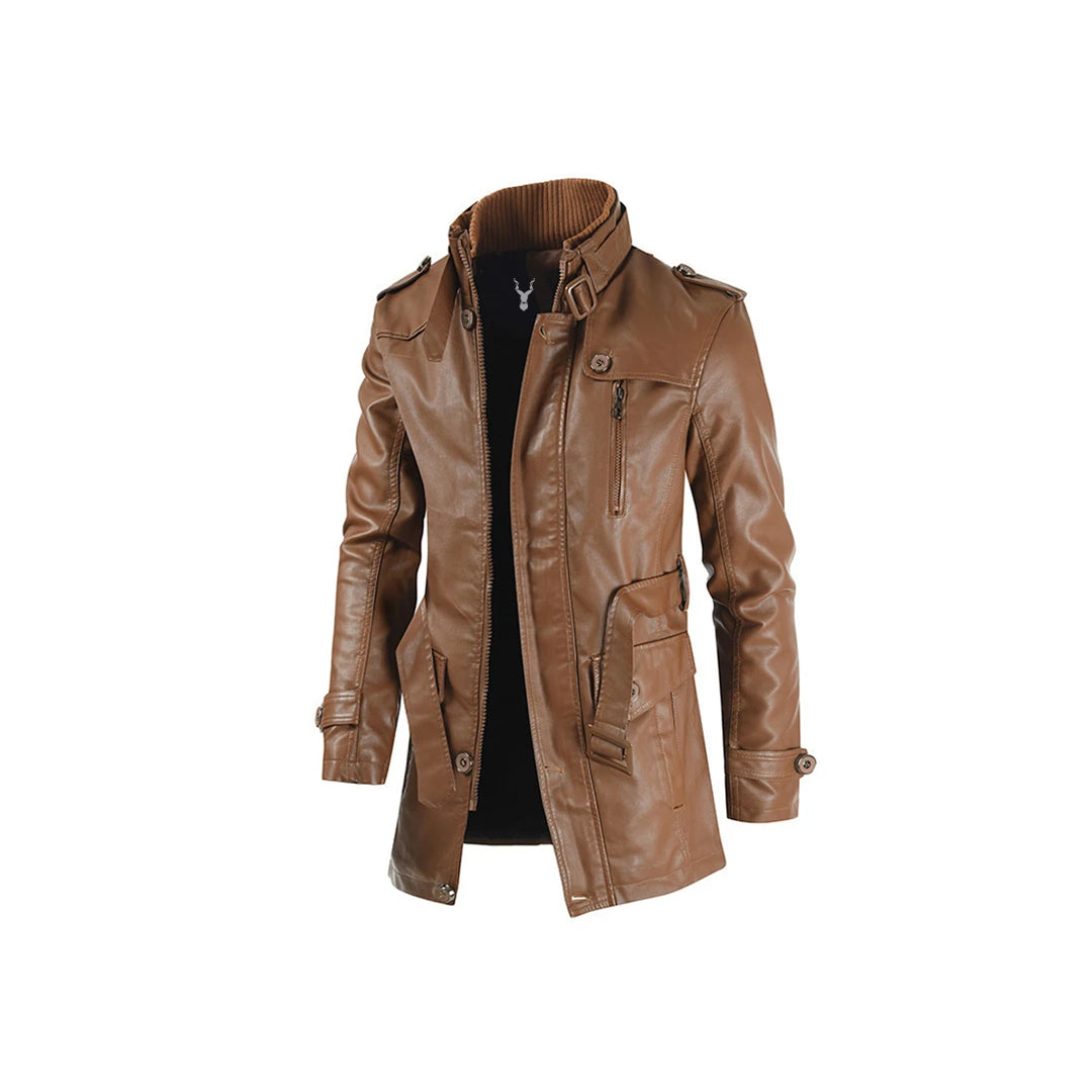 Men's Leather Belted Coat with Stand-Up Collar