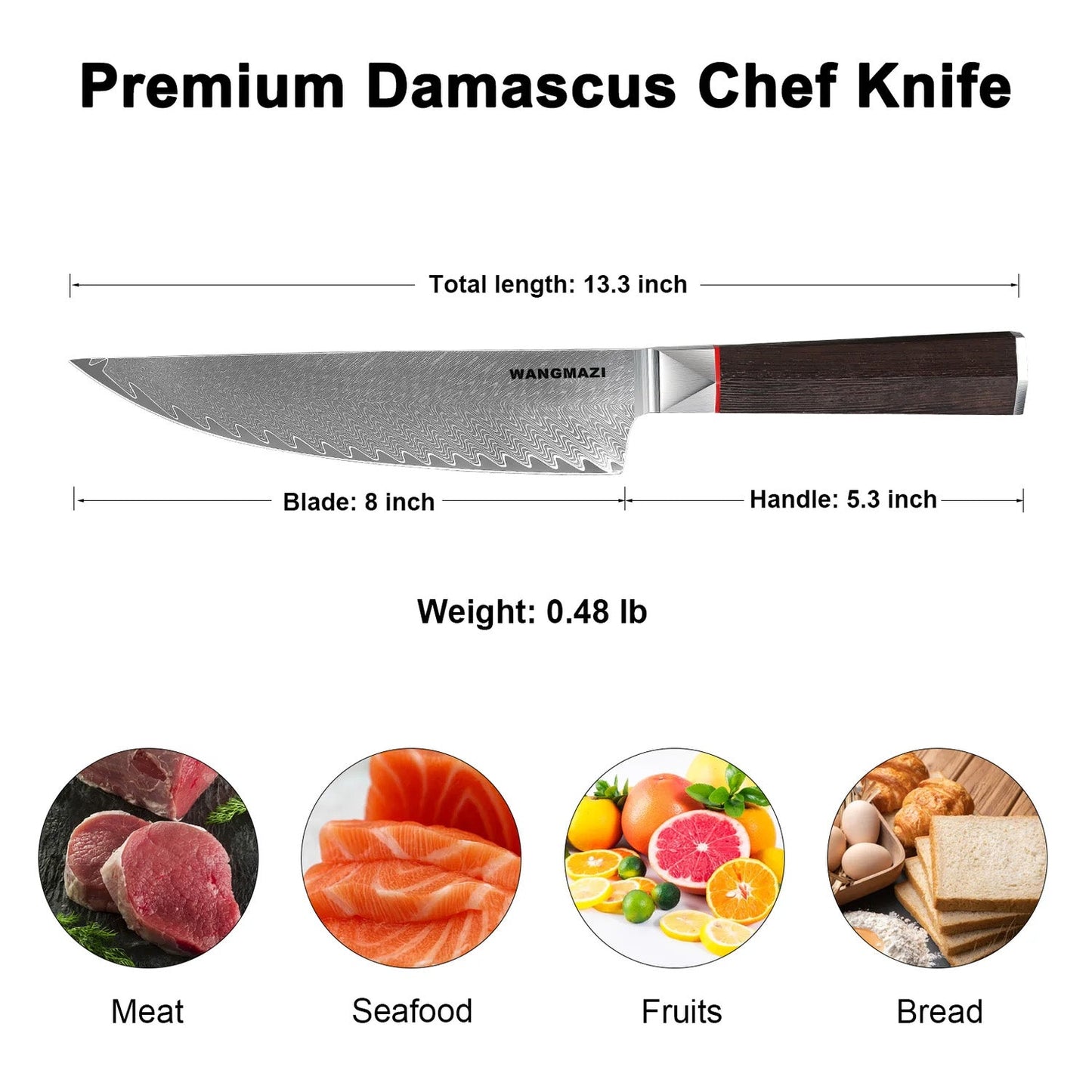 WANGMAZI 8-Inch Premium Damascus Chef Knife with Ergonomic Wood Handle