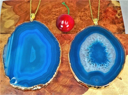 Large Teal Agate Slice Pendant (Gold Plated Edges) Geode Gemstone Necklace Jewelry Supply