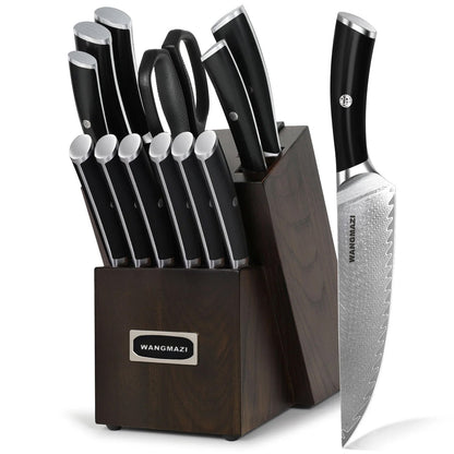 WANGMAZI 14-Piece Authentic Damascus Knife Set with Ergonomic Non-Slip Handles