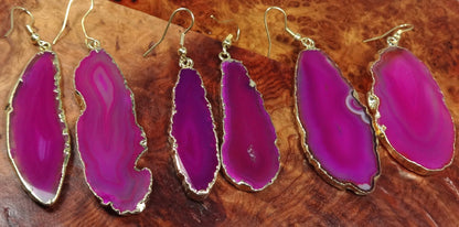 Pink Agate Slice Earrings - Polished Crystal Slab Earring Pair - Gold Hooks Jewelry