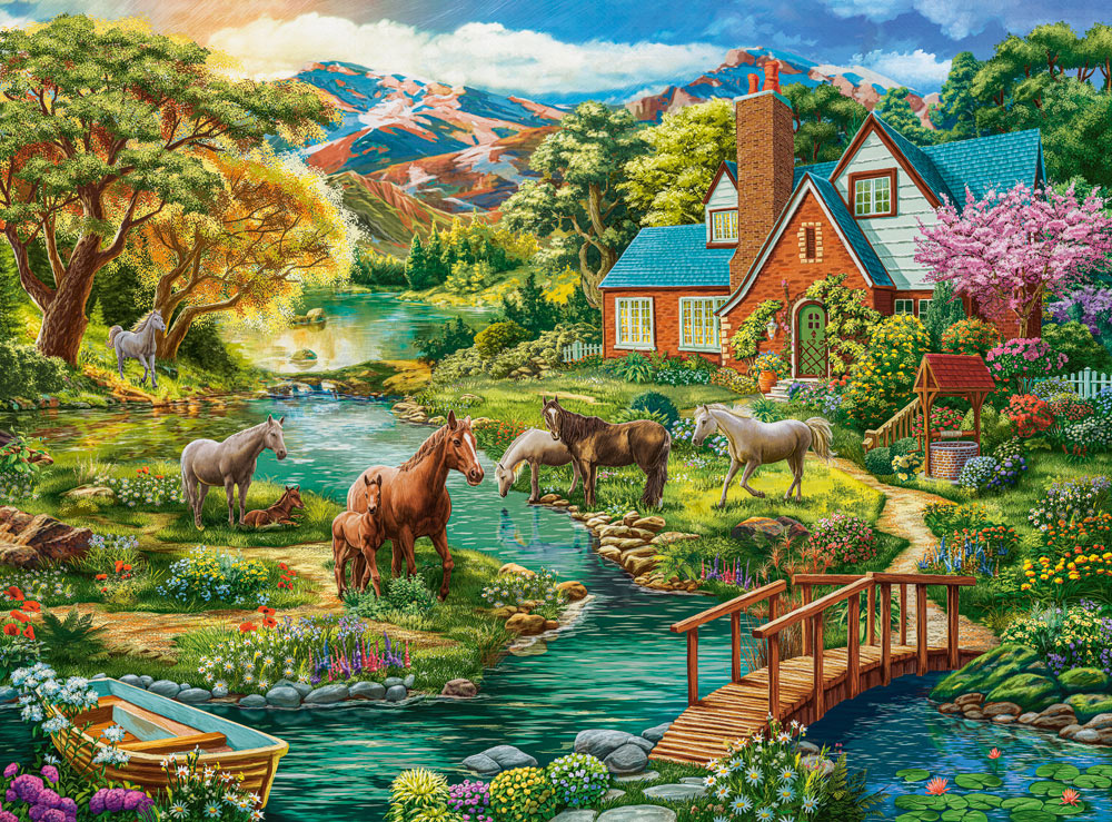 2000 Piece Jigsaw Puzzle, Idyllic House with Horses, Landscape, Rural view, Adult Puzzle, Castorland C-200931-2