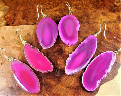 Pink Agate Slice Earrings Pair (Gold Stainless Steel Hooks) Geode Slice Jewelry