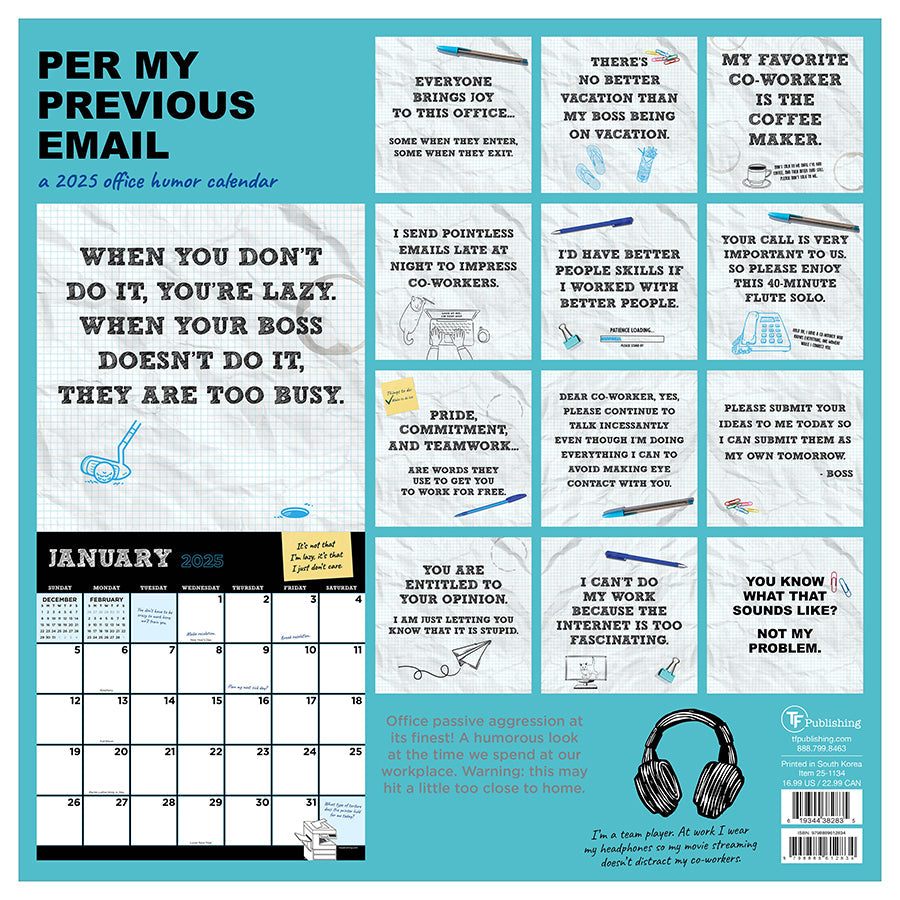 2025 Per My Previous Email Wall Calendar