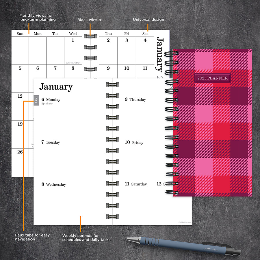 2025 Pink Plaid Small Weekly Monthly Planner