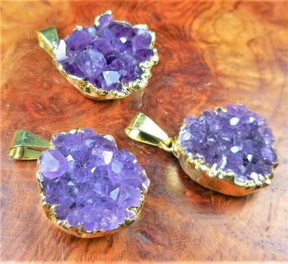 Druzy Amethyst Necklace Pendant - Petite Gold Crystal Cluster