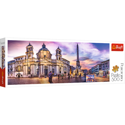 Panorama 500 Piece Jigsaw Puzzle, Piazza Navona, Rome, Italy, Fountain of the Four Rivers, European Cities Puzzle, Adult Puzzles, Trefl 29501