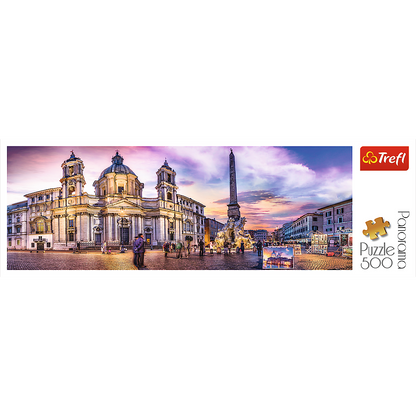 Panorama 500 Piece Jigsaw Puzzle, Piazza Navona, Rome, Italy, Fountain of the Four Rivers, European Cities Puzzle, Adult Puzzles, Trefl 29501