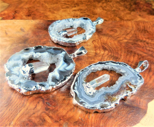 Oco Geode Druzy Pendant with Quartz Crystal (5 pcs)(Silver Edges) Wholesale Jewelry Lot Naural Healing Crystals And Stones