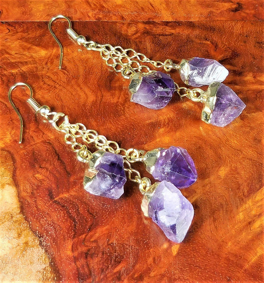 Amethyst Crystal Earrings Pair (Gold Plated) Purple Gemstone Jewelry