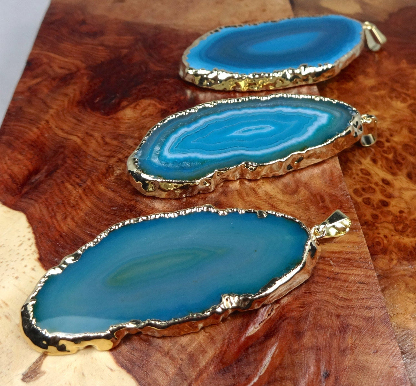 Agate Slice Pendant (Teal, w/ Gold Edges) Crystal Necklace Jewelry Supply