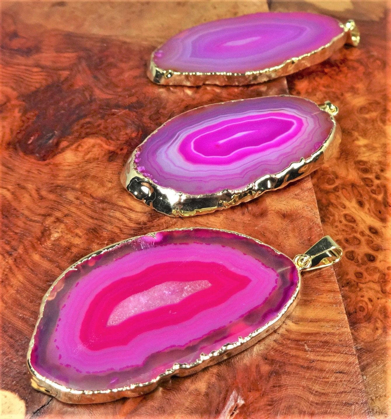 Pink Agate Slice Pendant (Gold Plated Edges) Geode Crystal Slice Jewelry