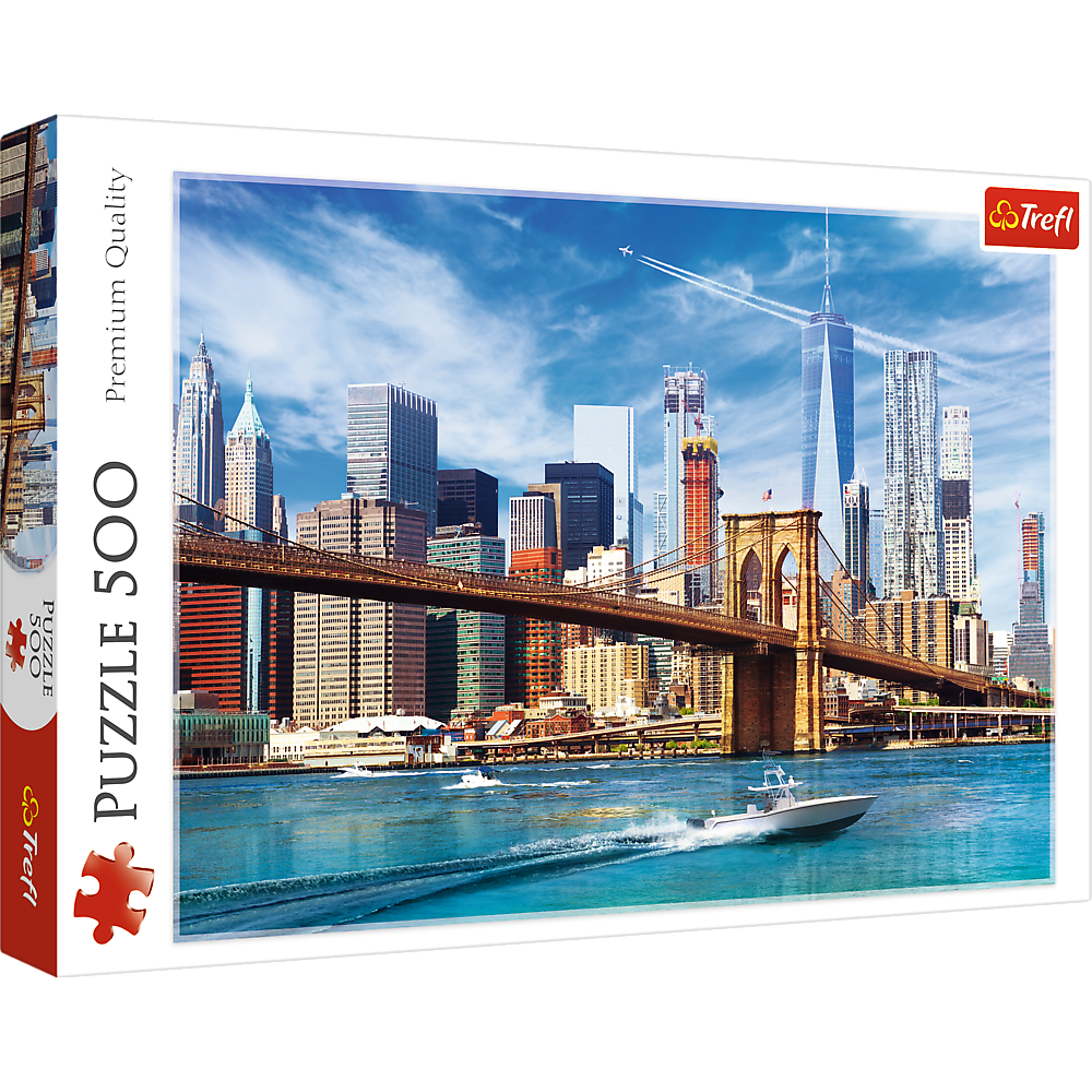 500 Piece Jigsaw Puzzles, View of New York, Puzzle of the USA, City Skyline Puzzle, New York Harbor and Bridge Puzzle, Adult Puzzles, Trefl 37331