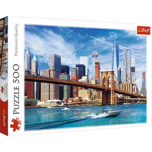 500 Piece Jigsaw Puzzles, View of New York, Puzzle of the USA, City Skyline Puzzle, New York Harbor and Bridge Puzzle, Adult Puzzles, Trefl 37331