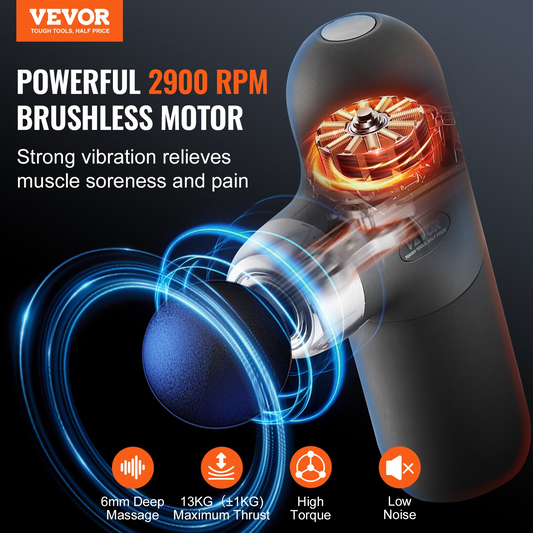 VEVOR Massage Gun Deep Tissue, Percussion Muscle Massager for Athletes - with 4 Speed Levels & 4 Massage Heads, 7.4V 2500mAh Batteries, Handheld Mini Massage Gun for Pain Relief, Muscle Relaxation