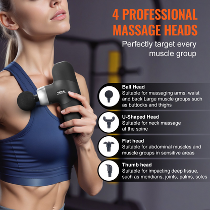 VEVOR Massage Gun Deep Tissue, Percussion Muscle Massager for Athletes - with 4 Speed Levels & 4 Massage Heads, 7.4V 2500mAh Batteries, Handheld Mini Massage Gun for Pain Relief, Muscle Relaxation