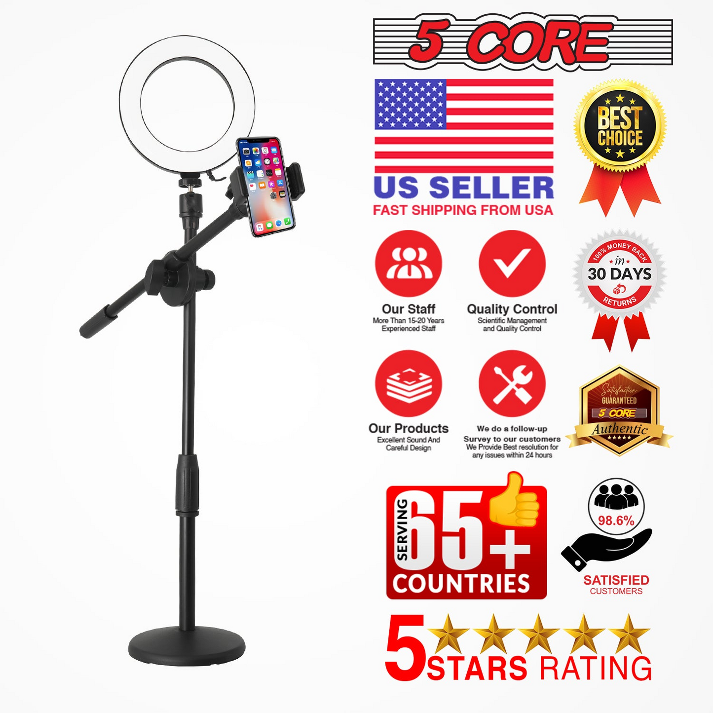 5Core 6 inch Ring Light + Cell Phone Stand Adjustable Ringlight LED w Phone Holder