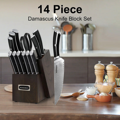 WANGMAZI 14-Piece Authentic Damascus Knife Set with Ergonomic Non-Slip Handles