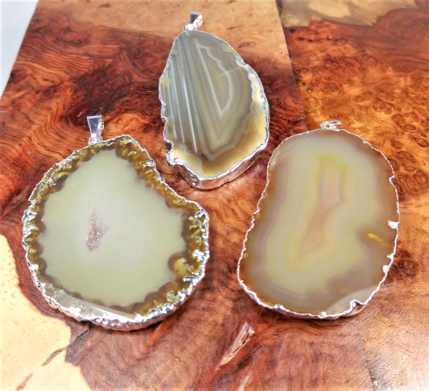 Brown Agate Slice Pendant (Silver Plated Edges) Polished Geode Jewelry