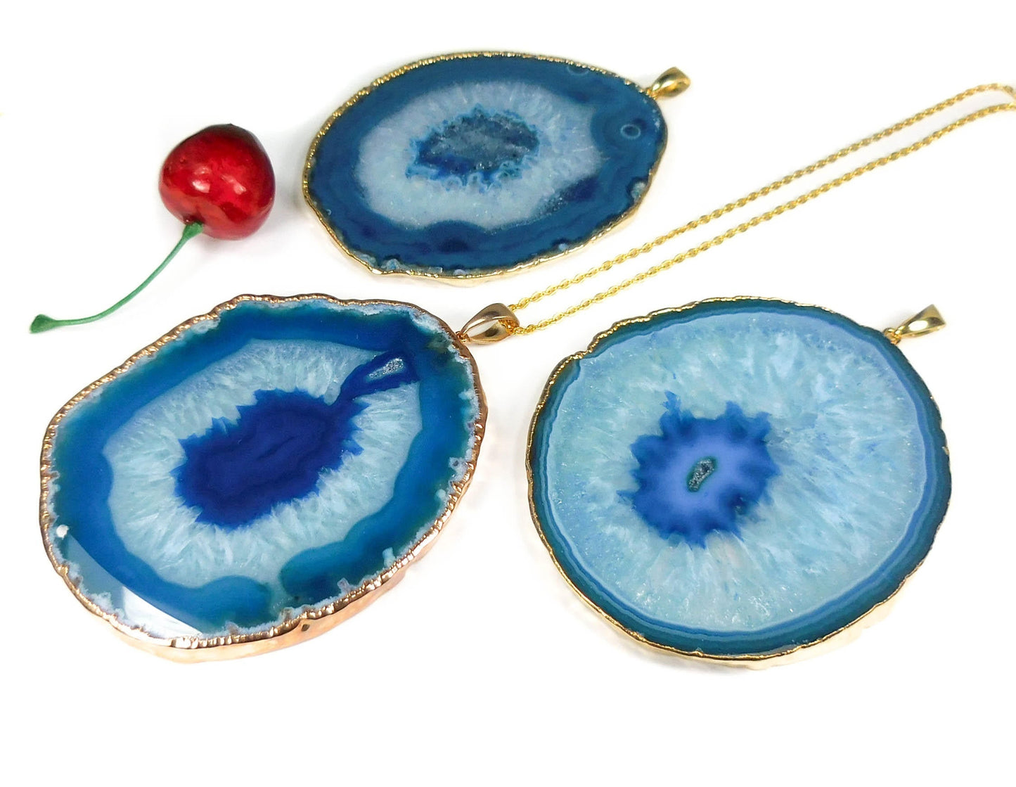 Blue Agate Slice Pendant Large (Gold Plated Edges)(3-4 Inches Long) Geode Necklace Charm Jewelry Supply