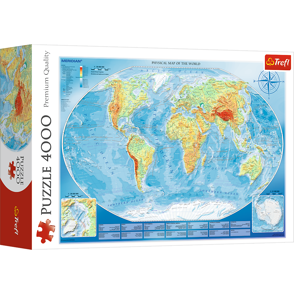 4000 Piece Jigsaw Puzzles, Large Physical Map of the World, Geography, Adult Puzzles, Trefl 45007