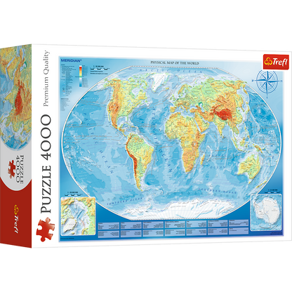 4000 Piece Jigsaw Puzzles, Large Physical Map of the World, Geography, Adult Puzzles, Trefl 45007