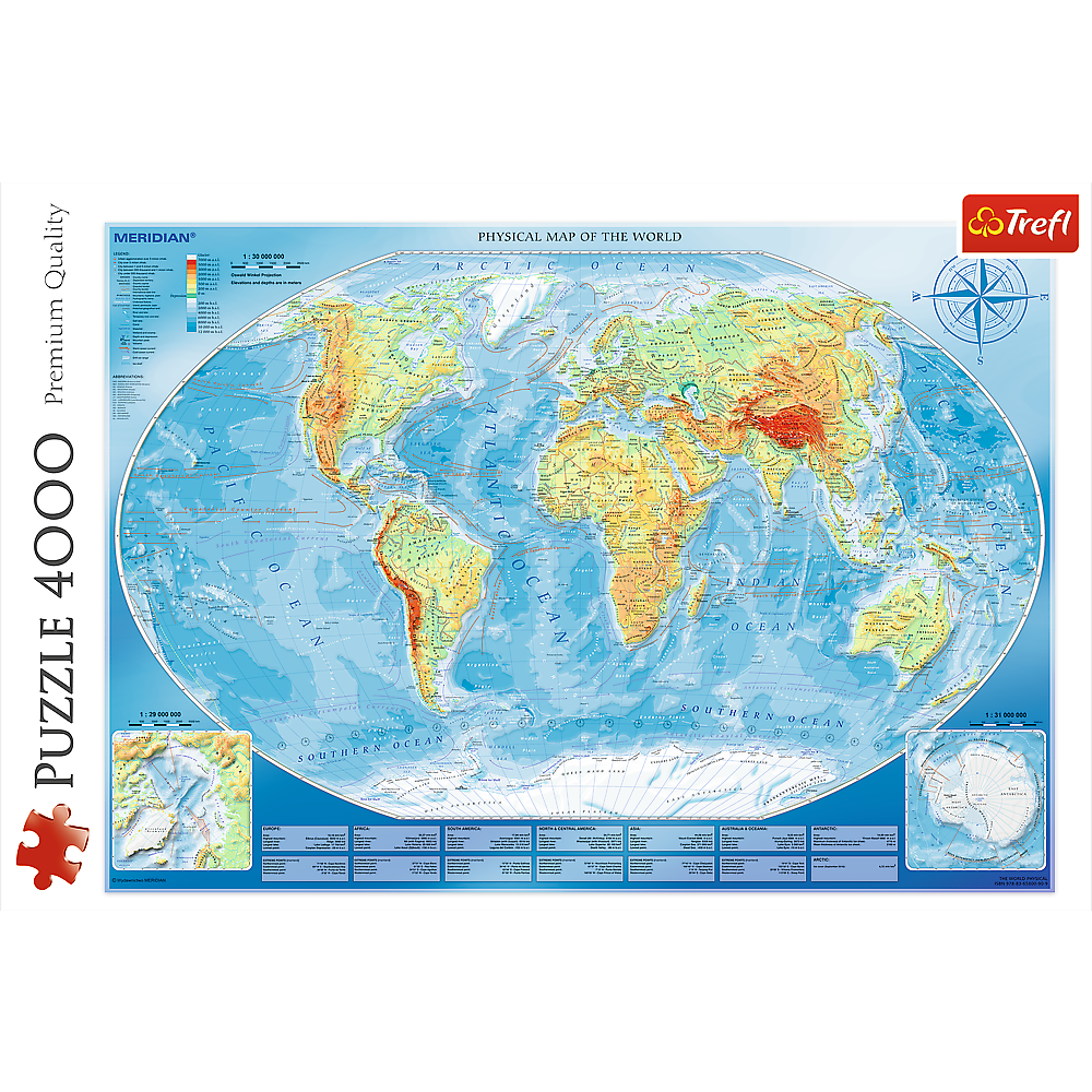 4000 Piece Jigsaw Puzzles, Large Physical Map of the World, Geography, Adult Puzzles, Trefl 45007