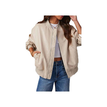 Ember Beige Leather Bomber Jacket