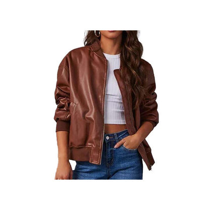 Ember Brown Leather Bomber Jacket