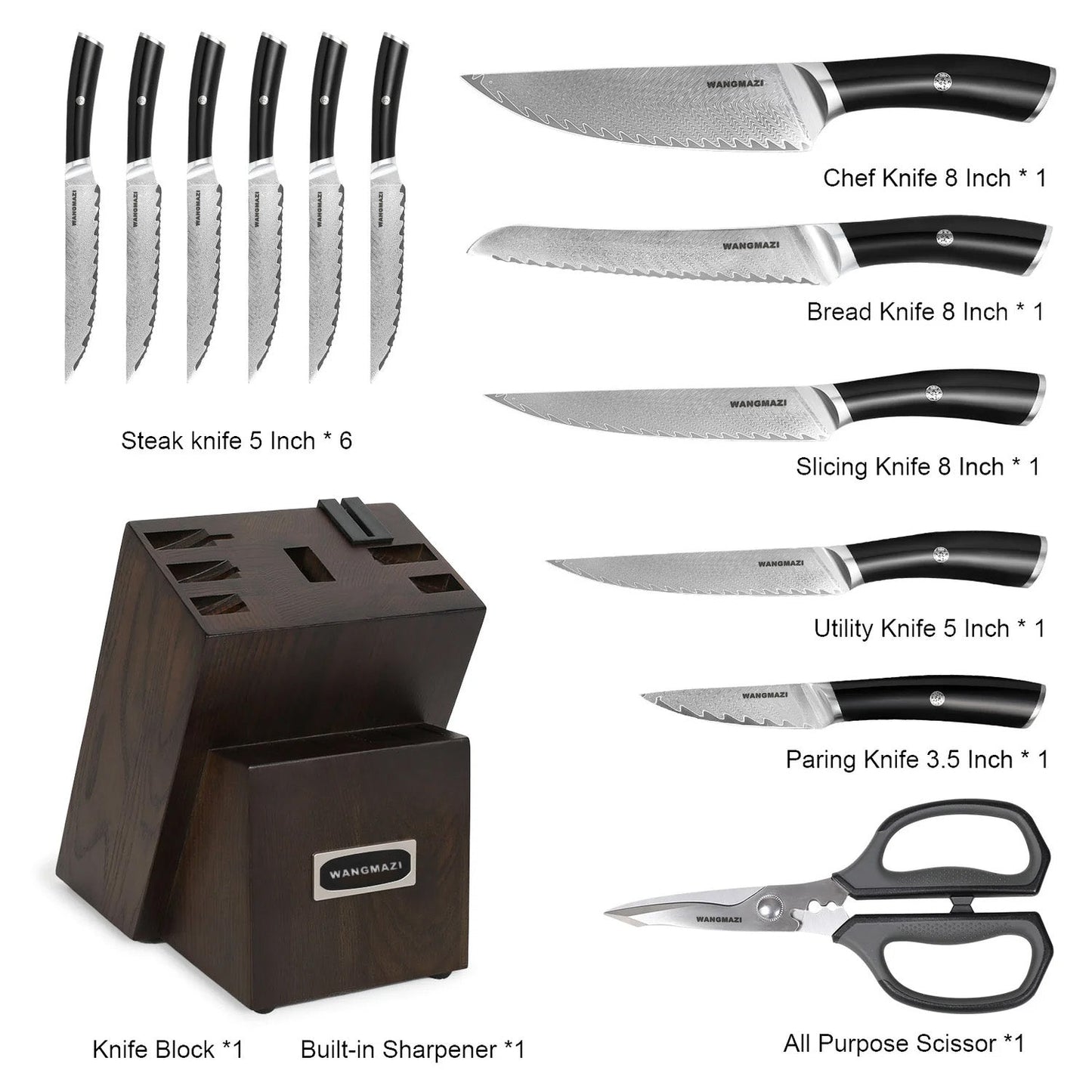 WANGMAZI 14-Piece Authentic Damascus Knife Set with Ergonomic Non-Slip Handles