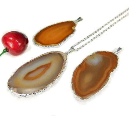 Brown Agate Slice Pendant (Silver Plated Edges) Polished Geode Jewelry