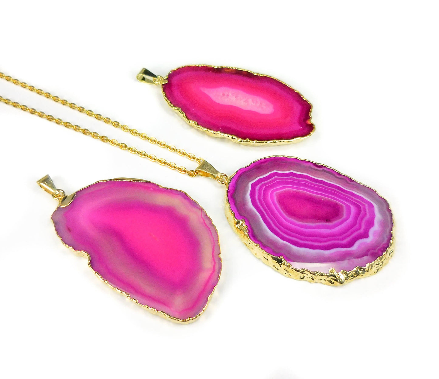 Pink Agate Slice Pendant (Gold Plated Edges) Geode Crystal Slice Jewelry