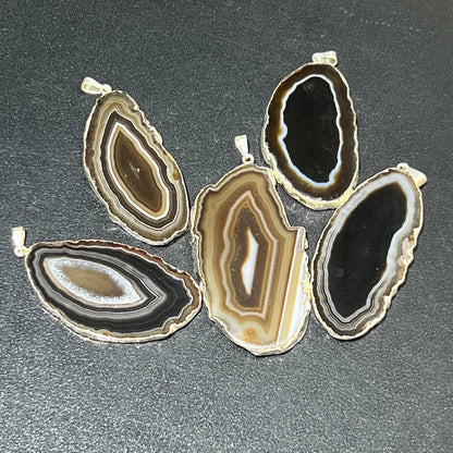 Agate Slice Pendants (Black / Brown)(Silver Edges) Wholesale Lot Polished Geode Slice Jewelry Charms