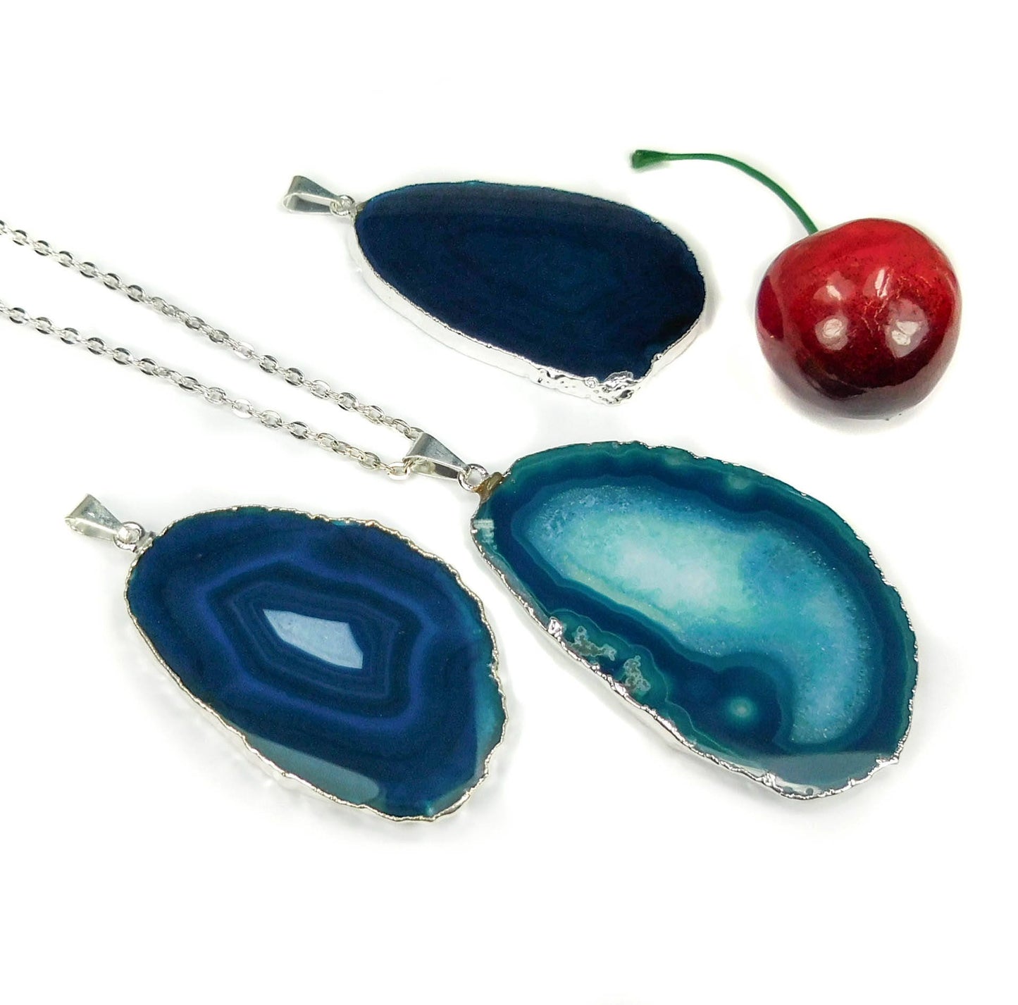 Agate Slice Pendant ( Teal / Silver Plated ) Necklace Jewelry Healing Crystals And Stones