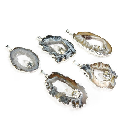 Oco Geode Druzy Pendant with Quartz Crystal (Silver Plated Edges) Necklace Charm